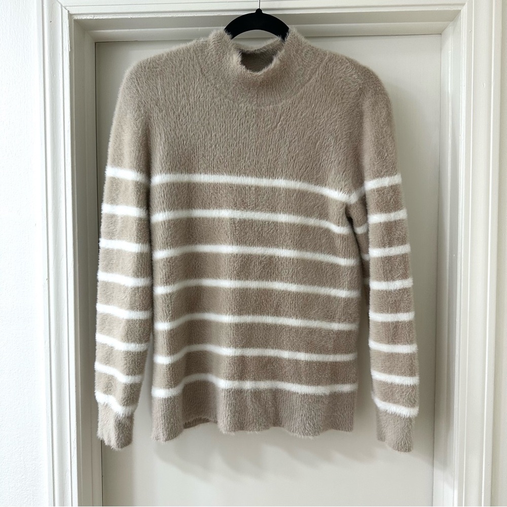 Bailey 44 Fuzzy Cozy Beige & White Striped Turtleneck Sweater, Size M